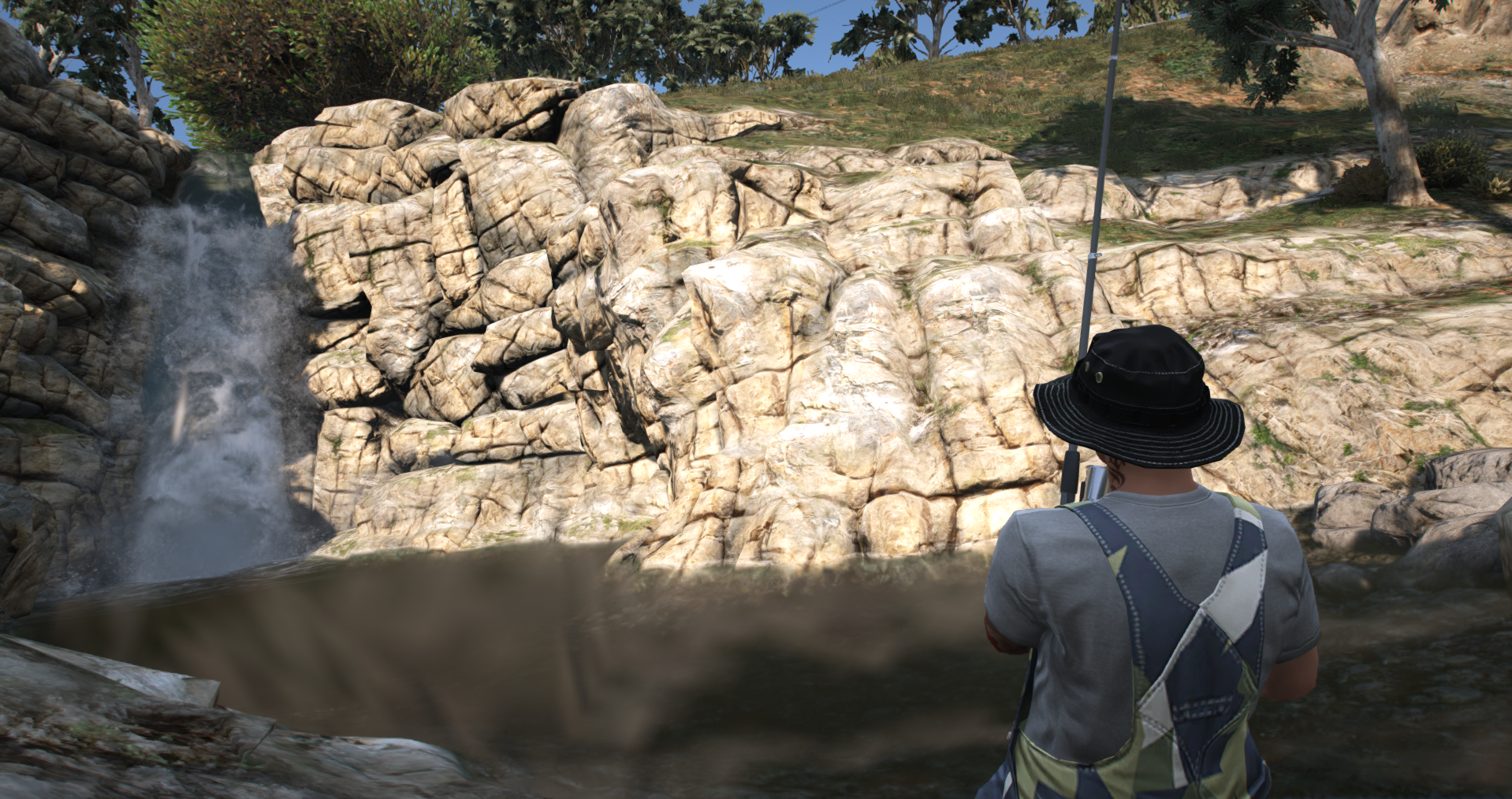Angler an einem Wasserfall in San Andreas